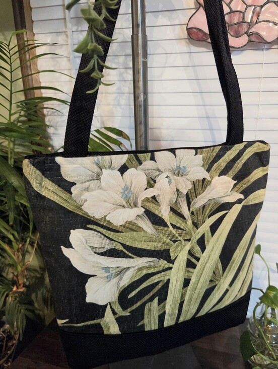 Sharon Designs Handbags - Handmade Tropical Lillies Black Canvas Tote Bag Medium